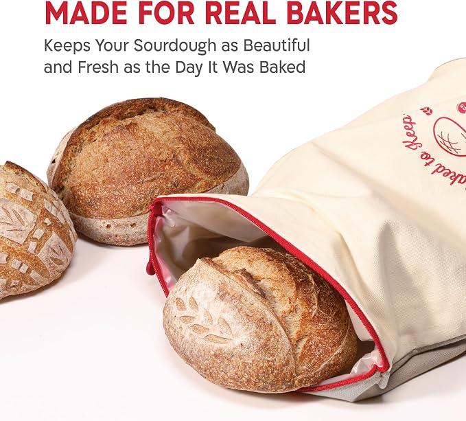 KNEADACE Reusable Bread Bags for Homemade Bread -Stylish Sourdough Bread Storage with Roll-Top Design, 100% Cotton & Food-Safe Lining, Freezer & Refrigerator Friendly, Gift for Bakers (Gray/Cream)