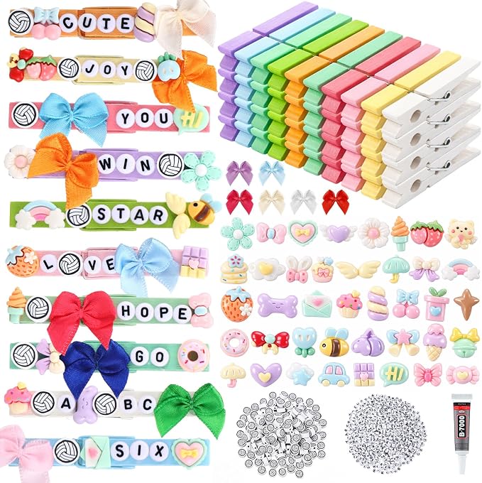 Geelin Cheer Pins Kit with 80 Pcs Spirit Clips, 800 Letter Beads, 160 Volleyball Charm, 40 Various Charms, 30 Bows, Glue, Decoration for Cheerleaders Team Gifts Bulk Stuff DIY, Macaron Colors