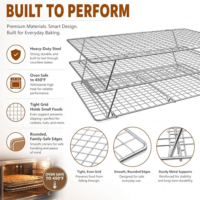 Cooling Rack, 3 Tier Stackable Cooling Racks for Cooking Baking Roasting, Multi-Level Collapsible Cookie Rack for Cakes, Oven Safe & Easy Clean (Silver, 3-Tier-SL)