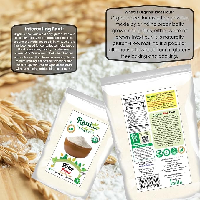 Rani Organic Rice (White) Flour 16oz (1lb) 454g ~ All Natural | Gluten Friendly | Vegan | NON-GMO | Kosher | Indian Origin | USDA Certified Organic