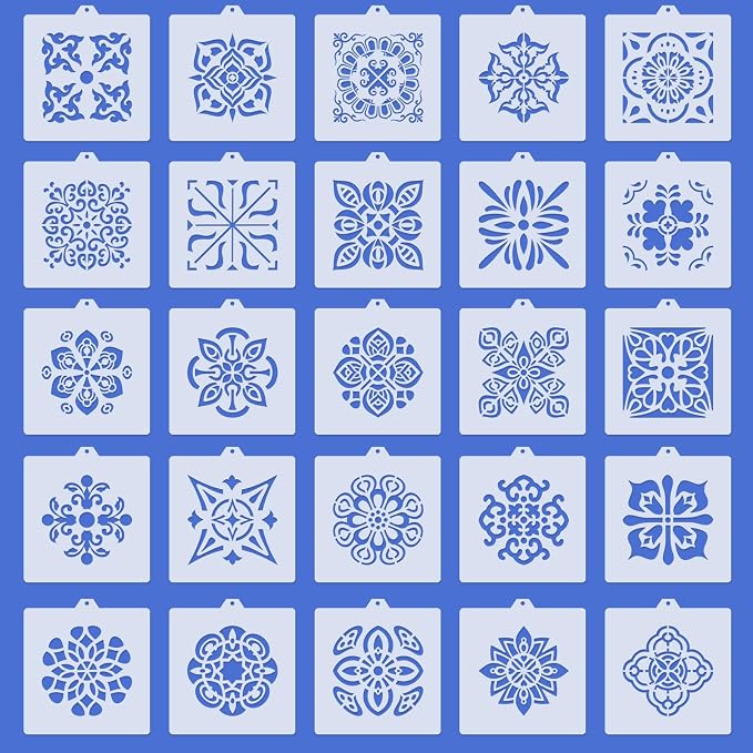 25 Pcs Scroll Tile Cookie Stencils, Reusable Floral Tile Baking Stencils for Royal Icing Airbrush, Cake Biscuit Coffee Decorating Templates for DIY Crafts & Birthday Parties