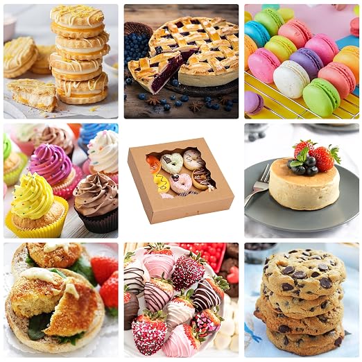 Moretoes 38pcs Pie Boxes, 10x10x2.5 Inches Auto-Popup Bakery Boxes with Window for Cookies, Treats, Cake, Pies, Chocolate Covered Strawberries, Macarons, Donuts, Muffins