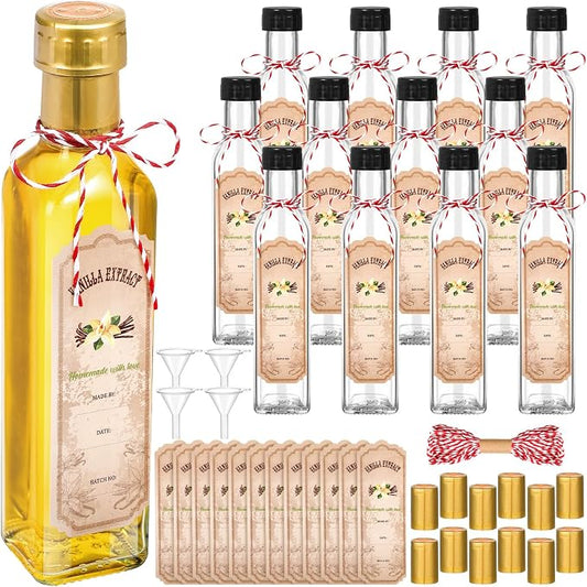 Tioncy 12 Pcs Vanilla Extract Bottles for Homemade Vanilla Jar Glass Square Bottle with Cap Shrink Band Sticker Syrup Food Storage Canister for Liquids Bean Sauce Spice Gift Giving(Gold,8.5 oz)