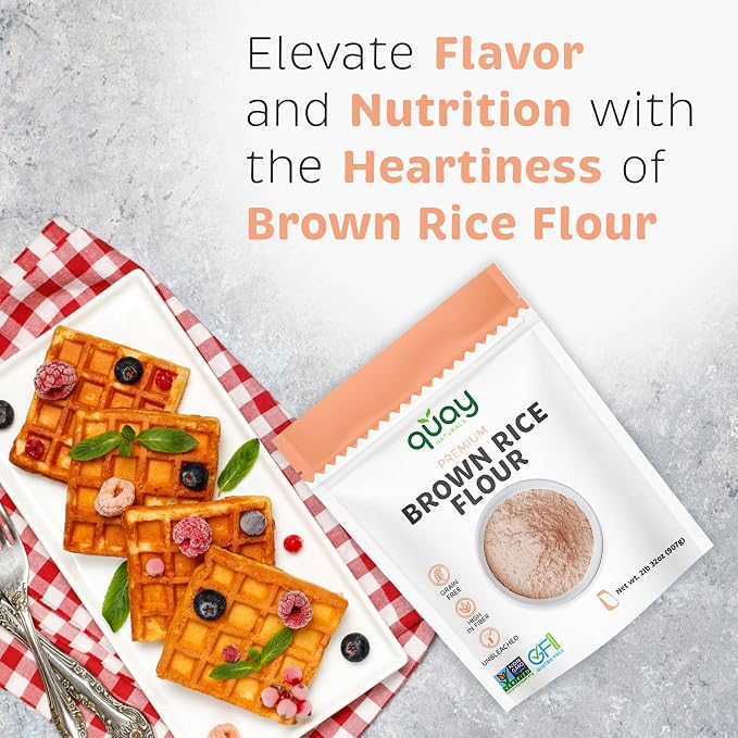 Quay Naturals Organic Brown Rice Flour Finely Milled 2 lb – Gluten Free, Non‑GMO, Whole Grain, Vegan Baking Flour, Stone Ground All Purpose Flour