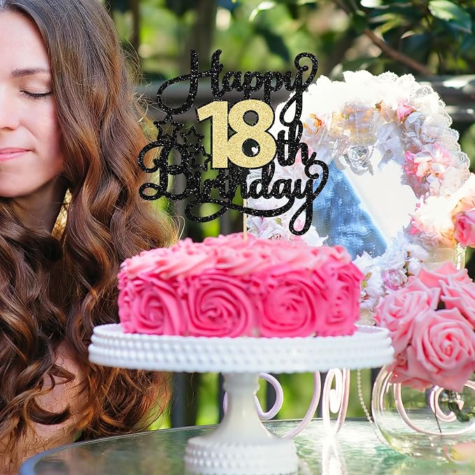 1Pc 18th Happy Birthday Cake Topper Glitter Cheers to 18 Years Birthday Cake Pick Cake Decoration for 18th Party Decoration Supplies Black Gold