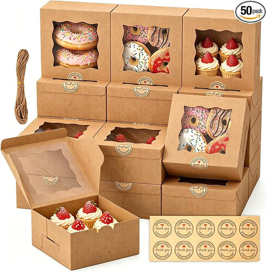 50Pcs 6x6x3 Inch Cookie Boxes With Window Boxes for Baked Goods | Brown,Food Grade Kraft,Bakery Boxes for Cookies Donuts,with Stickers and Twine,Dessert Boxes for Treats Gift Giving Party