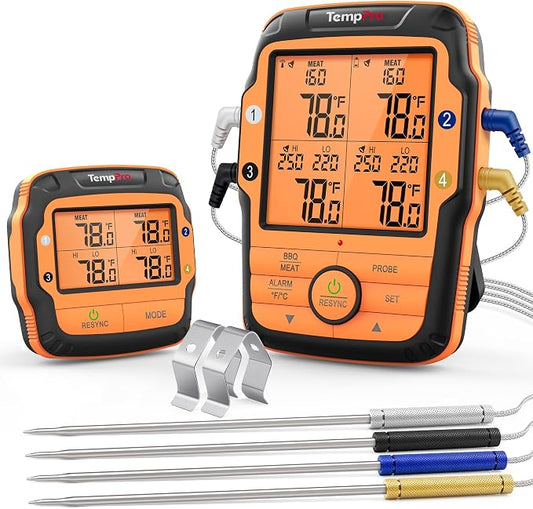 TempPro TP27 500FT Wireless Meat Thermometer for Grilling and Smoking with 4 Probes BBQ Kitchen Food Cooking Digital Thermometer for Meat Turkey Cooking Gift for Dad Him Husband (Previously ThermoPro)