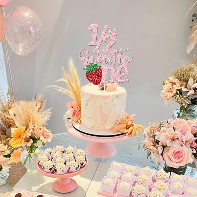 1 PCS Strawberry 1/2 Half Way to One Cake Topper Glitter Berry Sweet Half Way to Go Cake Pick Happy 6 Months Birthday Cake Decoration for Strawberry Theme Baby Shower Birthday Party Supplies Pink