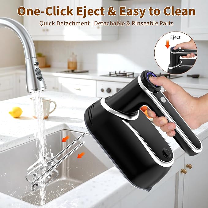 binROC Cordless Electric Hand Mixer, 12-Speed Rechargeable Handheld Mixer with Eject Button, 6 Stainless Steel Attachments, Snap-On Storage Case, LED, Self-Stand for Baking, Cake, Dough, Egg (Black)
