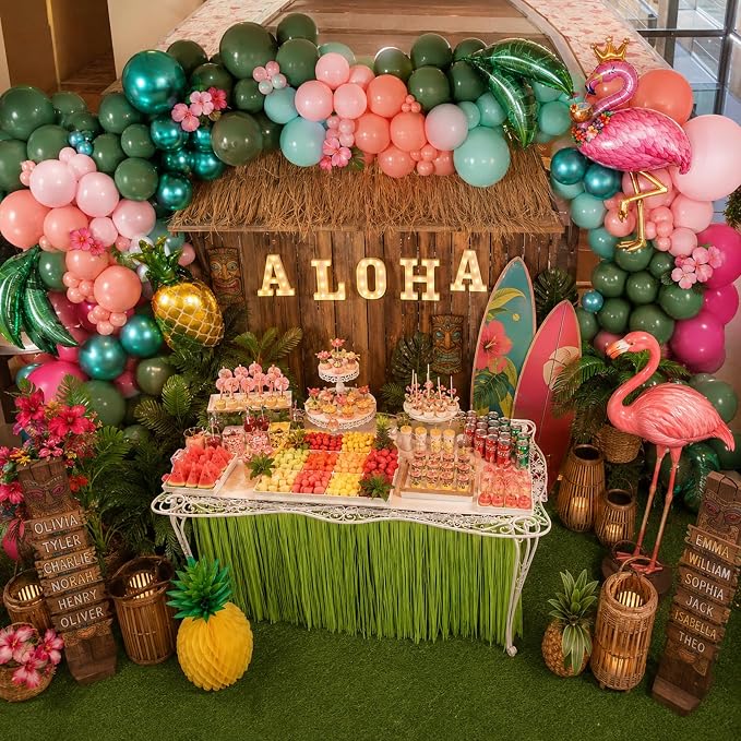 Tropical Flamingo Balloon Arch Garland Kit, Hot Pink Metallic Green Light Pink Orange Balloon Flamingo Foil Balloons for Hawaiian Summer Luau Aloha Beach Pool Baby Shower Birthday Party Decorations