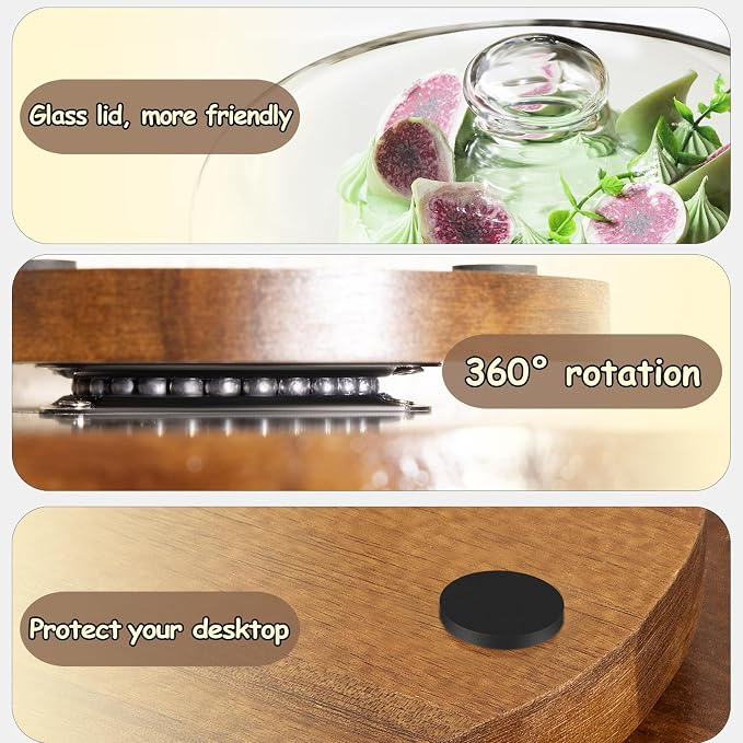 Yangbaga 11IN Wood Cake Stand with Dome Lid, Rotating Cake Stand with Glass Dome- Cake Plate with Cover for Baking Gifts/Birthday Kitchen/Party/Weddings