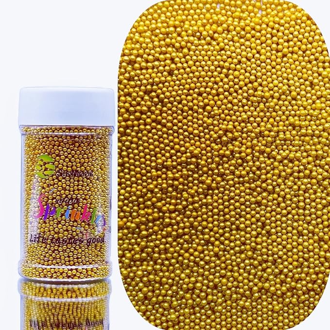 SE Si&Moos Nonpareil Sprinkles, 2mm Gold Mini Edible Pearls Gold Sprinkles for Cake Decorating Christmas Cookie Decorations Wedding Baby Shower Party Christmas Holiday Supplies 3.5 OZ