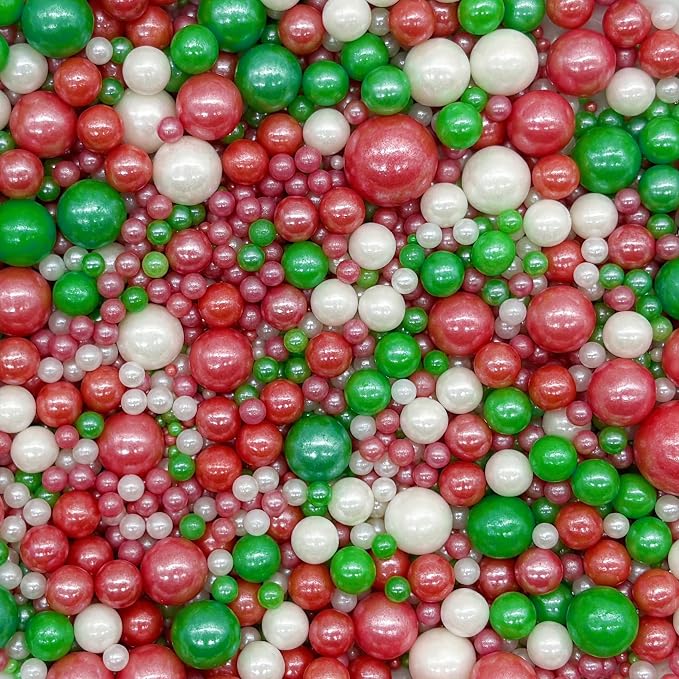 Dynastang Mixed Size Red & Green & White Pearls Sprinkles Edible Pearls Cake Decorating Pearls Cake Decorations Cupcake Toppers Cookie Decorating Perfect for Cakes, Cupcakes, Desserts Toppings 3OZ
