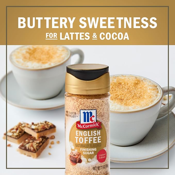 McCormick Finishing Sugar, English Toffee, Limited Edition, Rich & Buttery Sweetness for Hot Chocolate, Cookies, Cake, Pie, Cocktails, and More, 3.7 oz (Pack of 2)