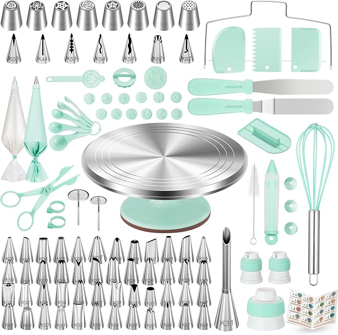 Kootek 158PCs Cake Decorating Kit with Aluminum Cake Turntable, 64 Piping Tips, 50+2 Pastry Bags, Frosting Spatulas, Leveler, Scrapers, Fondant Molds, and More Baking Supplies Decorating Tools(Green)
