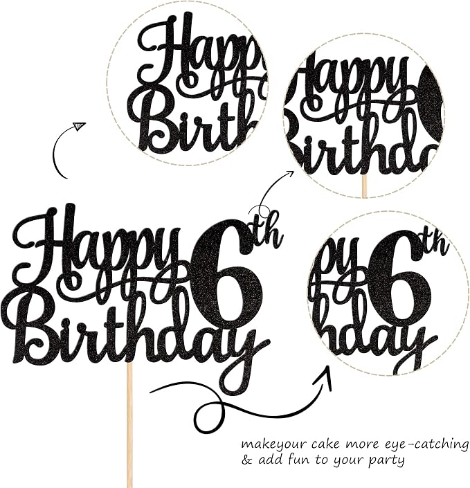 1 PCS Happy 6th Birthday Cake Topper Glitter Cheers to 6 Years Cake Pick Number 6 Fabulous Cake Decoration for 6th Birthday Theme Party Decorations Supplies Black