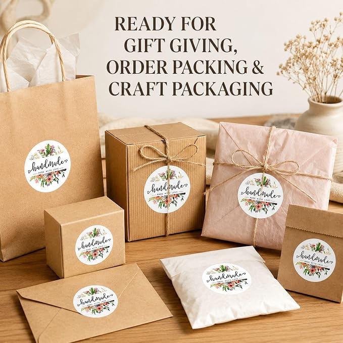 Handmade with Love Packaging Stickers: 120 Floral Round Paper Stickers | 120 1.6 Inch Round Stickers For Small Business Packaging Crafters Makers Gift Boxes And Kraft Bags