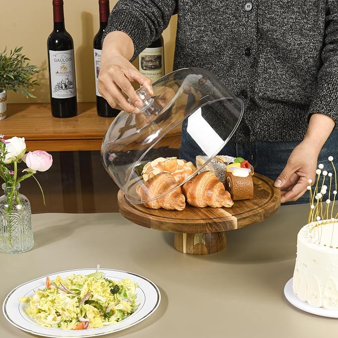 Acacia Wood Cake Stand with Lid, 2-In-1 Cake Plate with Acrylic Lid, 12in Round Dessert Table Display Set, Raise Dome for Charcuterie Board, Cheese, Chips & Dips, Nachos, Fruit Platter (12in)