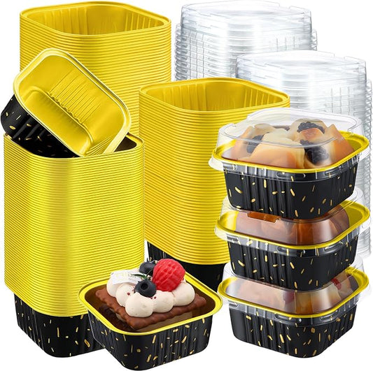 200 Pack 5 oz Mini Cake Pans with Lid, Aluminum Foil Mini Baking Tins, Square Disposable Cupcake Baking Cup Dessert Container for Wedding Birthday Party Picnic(Black,Stylish)