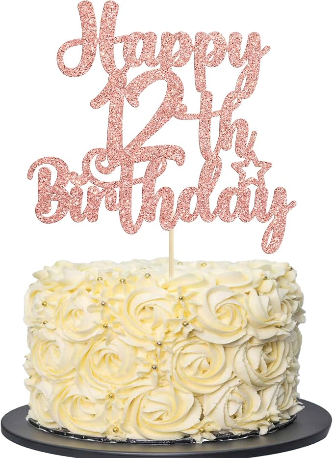 Gyufise 1Pc Happy 12th Birthday Cake Topper Glitter 12 & Fabulous Cheers to 12 Years Old Cake Pick for Celebrating 12th Birthday Anniversary Party Cake Decorations Supplies Rose Gold