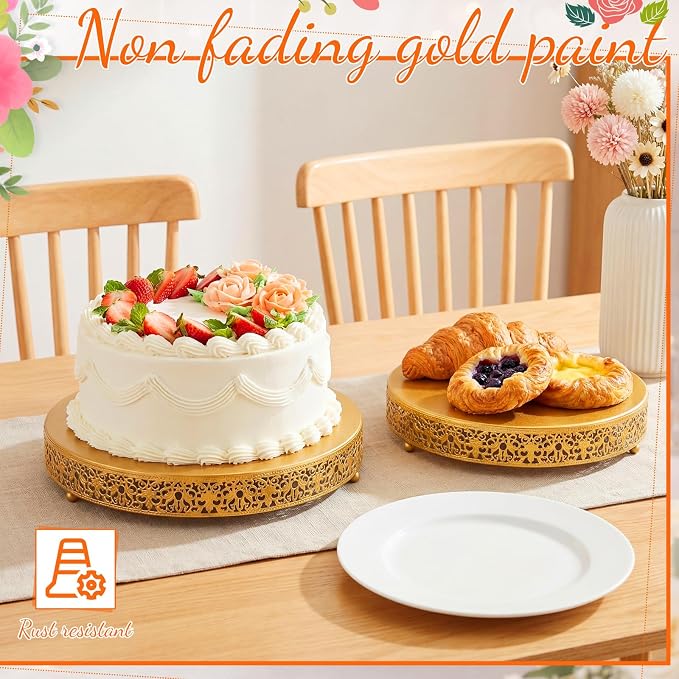 Wenqik 2 Pack Cake Stand Set, 14/16 Inch Metal Round Cupcake Dessert Stand Decorative Elegant Cake Display for Weddings Party Birthday Baby Showers Anniversary (Floral Lace,Gold)