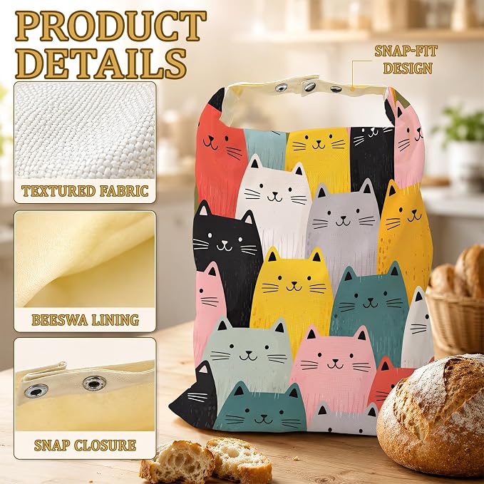 2 Pack Beeswax Cute Cat Bread Bags for Sourdough Homemade Breads, Reusable Beeswax Bread Colorful Cat Storage Bag, Keep Loaves Fresh Longer, Freezer Safe & Airtight, Zero Waste 17 x 13''