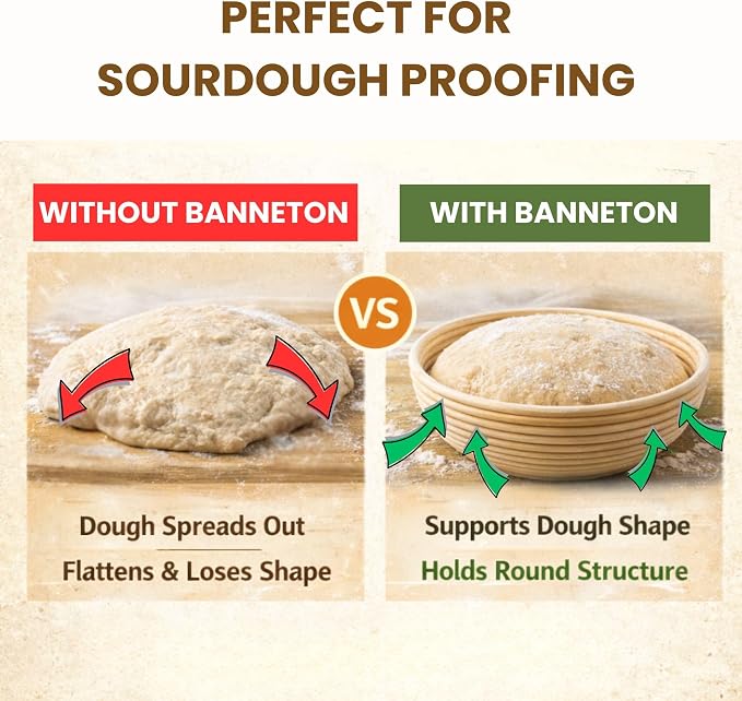Banneton Sourdough Bread Proofing Basket, Premium AA-Grade, 9 Inch for Round, Boules Loaves, Vietnamese Banneton with Cloth Cover, Bread Lame Holder with 5 Blades