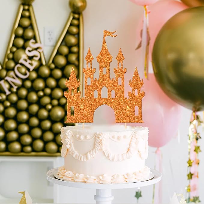 1 PCS Castle Cake Topper Glitter Princess Cake Topper Castle Theme Birthday Party Decoration Princess Happy Birthday Cake Decoration for Baby Shower Girls Princess Birthday Party Supplies Orange