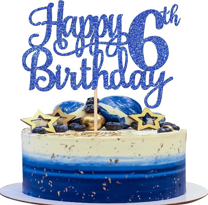 1 PCS Happy 6th Birthday Cake Topper - Glitter Cheers to 6 Years - Fabulous Cake Decoration for Blue Theme Party