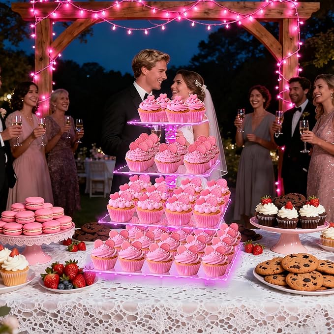 YestBuy Acrylic Cupcake Stand for 50 Cupcakes, 4 Tier Cupcakes Tower Stand with Pink LED Lights and 4.7" Clear Tiers, Perfect for Birthday, Baby Shower, Wedding and Candy Bar