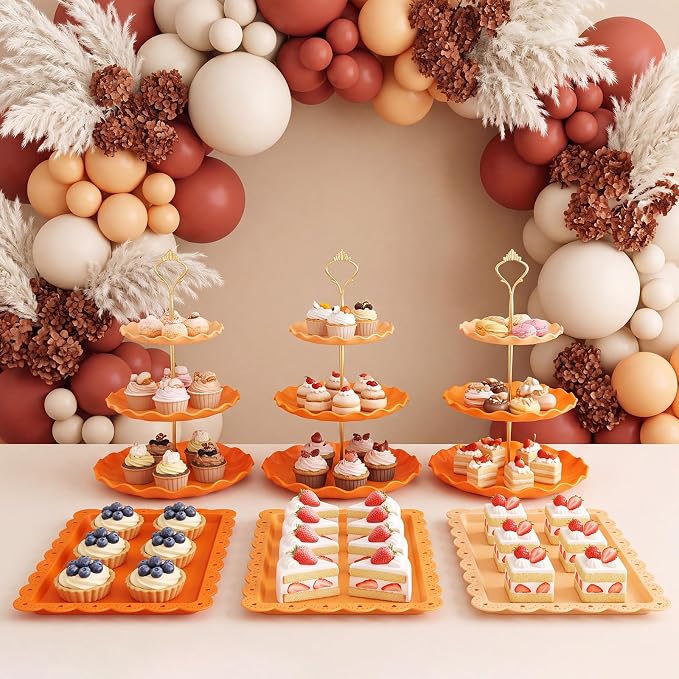 FoldTier 6 Pack Cupcake Stand Set 3 Pcs 3 Tier Gradient Dessert Table Display Stands Cookie Tray Rack 3 X14 in Rectangle Party Trays for Wedding Birthday Tea Party Baby Shower(Orange,Round)
