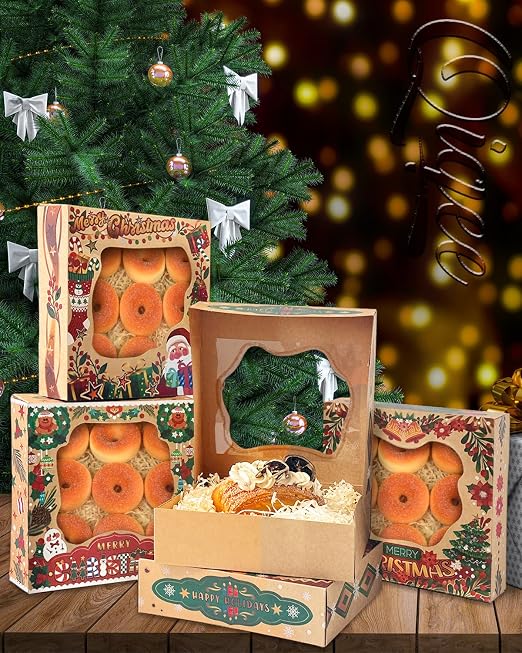 qiqee Christmas Kraft Cookie Boxes with Window 12packs 10x10x2.5 Inch Bakery Box Pastry Box for Christmas