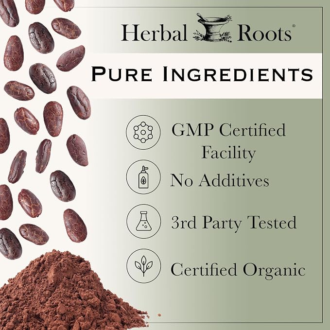 Herbal Roots Organic Energy Functional Cocoa Beverage Powder - Ginseng, Maca, Cordyceps - Sweetened with Dates and Coconut - 28 servings