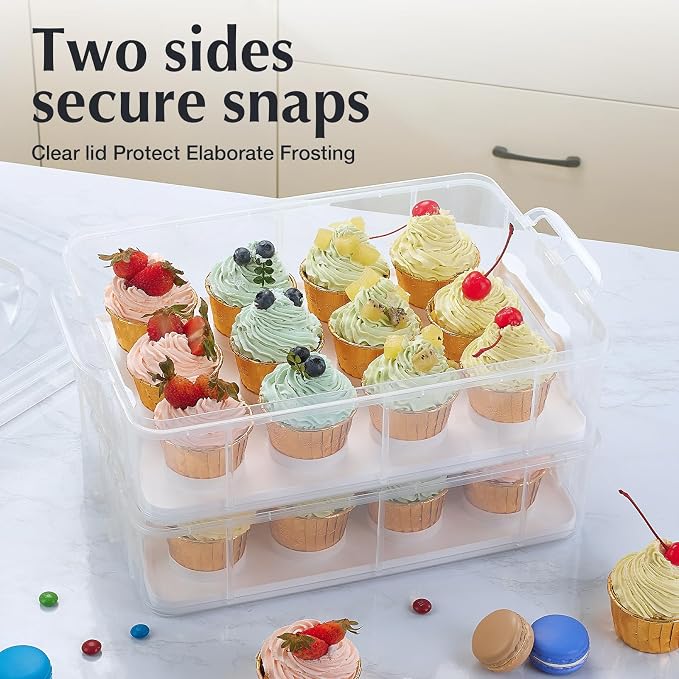 Gencywe Plastic Cupcake Carrier 24 Count, 2-Layer Cupcake Holder Carries with Lid & Handles, Cookie, Cake, Cupcake and Brownie Storage Carrier, Reusable Cupcake Box