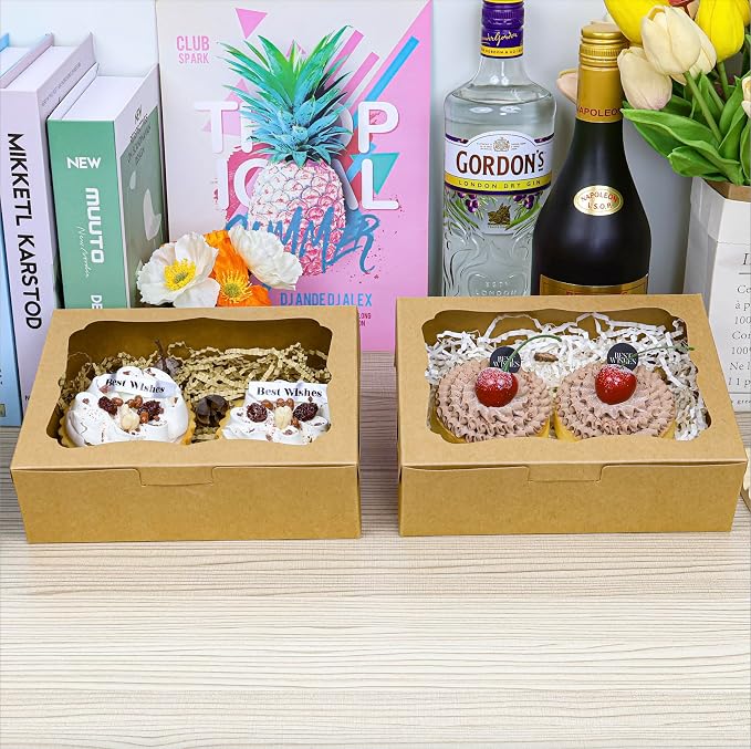 50pcs 8x6x2.5 Inches Brown Bakery Boxes with Window Cookie boxes Treat Boxes Dessert Boxes Donut Boxes Muffin Boxes for Pastry Candy Small Cake Cupcake for Gift Giving Party, NB001-50