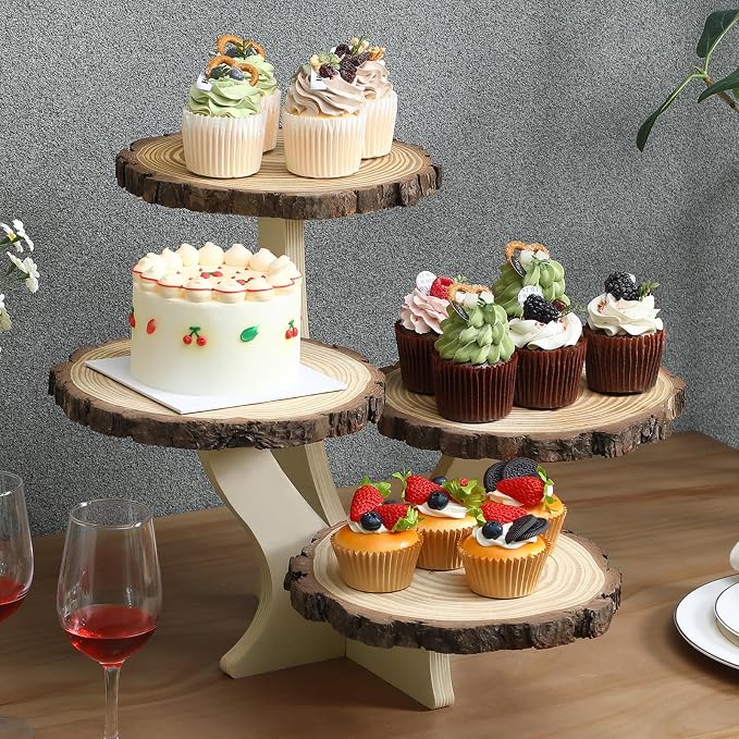 Chunful 4 Tier Round Natural Wood Cupcake Dessert Stand, Cup Cake Tower Stand Holder, Wooden Cake Display Tiered Centerpiece for Party, Birthday, Wedding, Baby Shower, Holiday Decoration