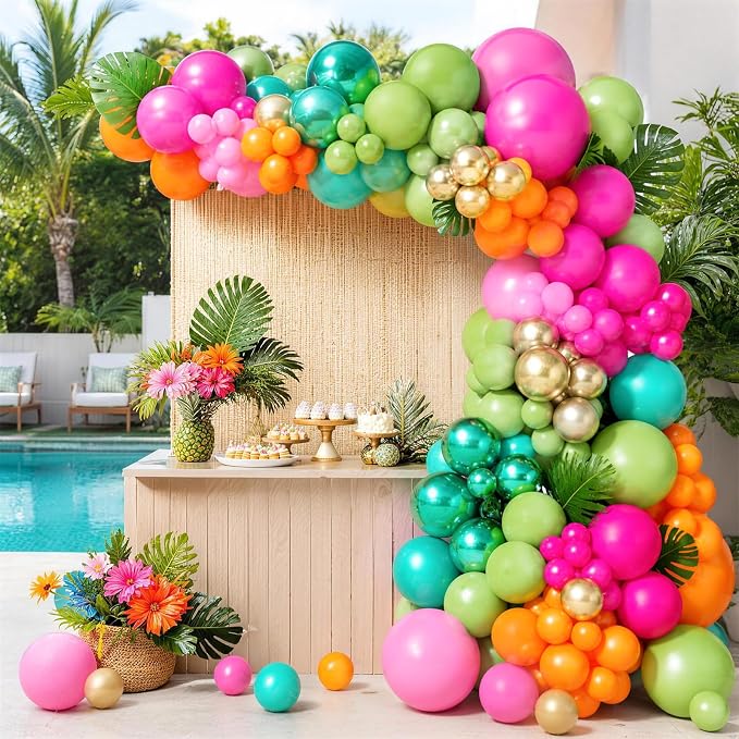 Tropical Luau Balloon Arch Garland Kit, Hot Light Pink Olive Green Orange Teal Metallic Gold Green Summer Hawaiian Balloons for Kids Summer Beach Aloha Pool Birthday Baby Shower Party Decorations