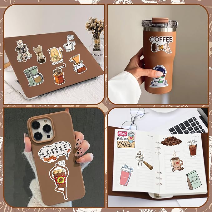 50 Pcs Coffee Stickers for Scrapbooking, Waterproof Vinyl Cafe Latte Espresso Aesthetic Stickers for Laptops Water Bottles Journals, Decorative Decals for Teens Students Adults
