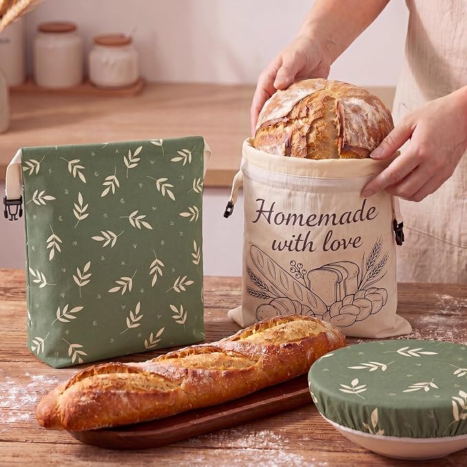 Mindsoft Beeswax Bread Bag for Sourdough, 12×15" Reusable Linen Dough Bag with Buckle, 10" Proofing Bowl Cover, Natural Beeswax Bread Storage for Homemade Sourdough Breads Freshness Freezer