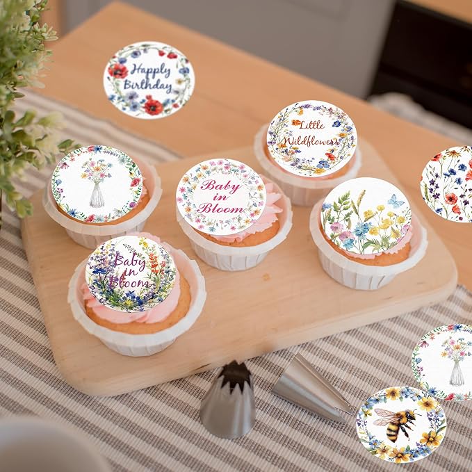 36PCS Edible Wildflower Cupcake Toppers Wafer Paper Baby in Bloom Baby Shower Decorations Flower Birthday Party Decorations Wildflower Cake Toppers for Birthday Party Supplies (Round)