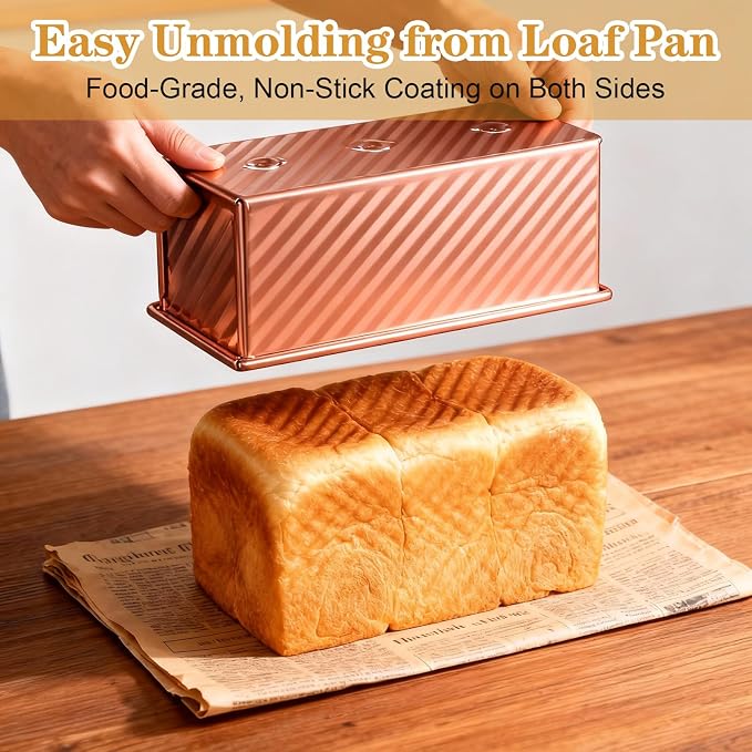 3 Pcs Pullman Loaf Pan with Lid, 2.2lb/1lb/0.5lb Dough Capacity, Non-Stick Carbon Steel Bread Pans for Homemade Bread Sandwich and Toast, Sourdough Loaf Pan with Lid, Corrugated Toast Mold (Golden）