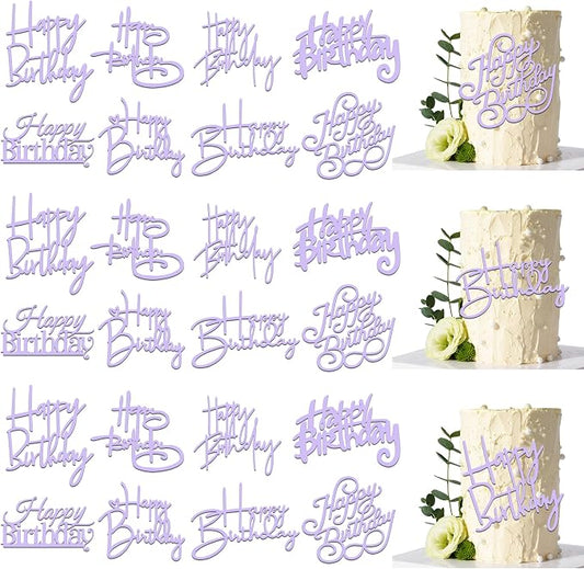 24 PCS Purple Happy Birthday Cake Toppers Cupcake Toppers | Purple Cake Topper Acrylic Side Cake Decorations for Women Girls Princess Multi Sized Party Birthday Anniversary 8 Styles
