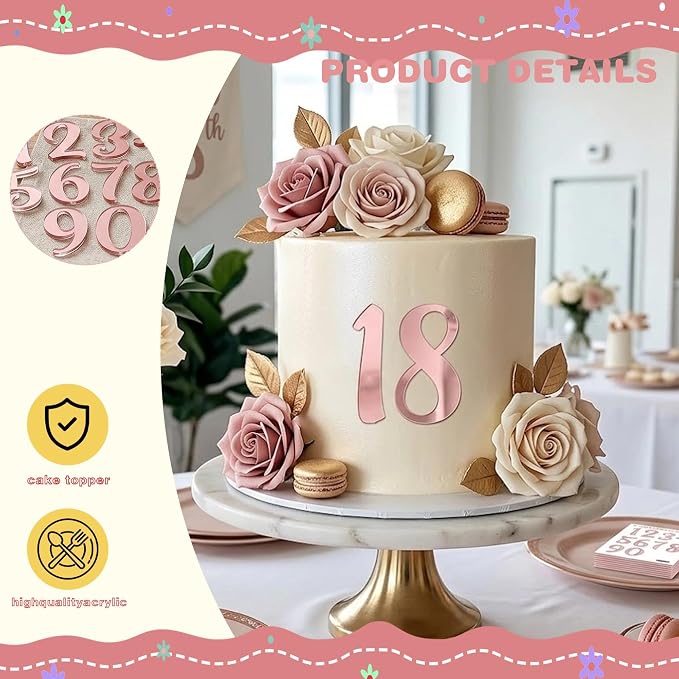 10PCS Rose Gold Acrylic Number Cake Toppers 0-9 Mirror Age Digit Cake Decorations for Birthday Cake Wedding Anniversary Baby Shower Dessert Table Cupcake Photo Props Party Supplies