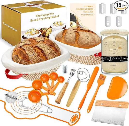 Sourdough Starter Kit – 10" Round + 9" Oval Banneton Baskets, Lame & Jar | Complete Bread Baking Supplies Set with Liner, Scraper, Whisk, Duster, Sling & Measuring Cups – for Bakers, Artisan Loaves