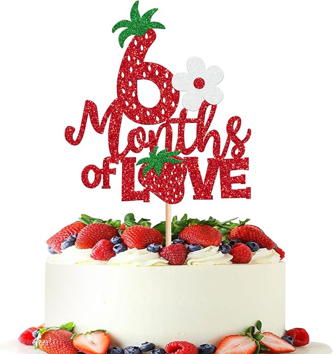 1 Pack Strawberry Happy 6 Months Half Way to One Cake Topper - Red Berry Sweet Half Birthday Cake Decoration
