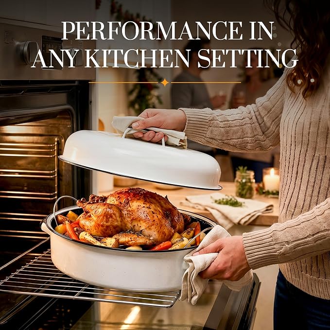 Granite Ware 18-Inch Oval Covered Roaster With Rack - Nonstick Enamel Steel Cookware with Lid for Baking, Broiling, Grilling, Even Cooking - Multiuse Roasting Pan for Versatile Meals