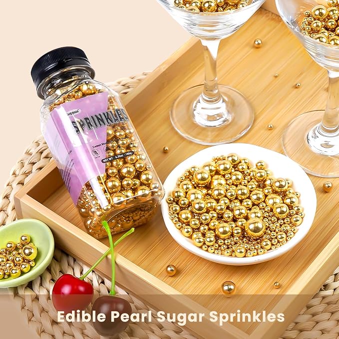 Gold Pearl Sprinkles for Cake Decorating, Edible Sugar Pearl, 180g/6.35oz Mix Size, Edible Candy Pearl Cake Decorations, Cupake Toppers, Cookies, Easter Wedding Party Birthday Supplies