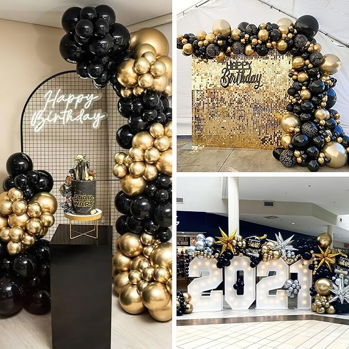 PartyWoo Black and Gold Balloon Arch Kit Garland 140pcs Different Sizes of 18 12 10 5 Inch Black Metallic Gold Confetti 22 Inch Star Balloons for Graduation Birthday New Year's Eve Party Decorations