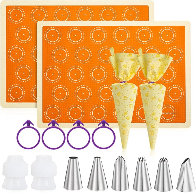 Macaron Silicone Baking Mats Kit, Best Japan Silicone, Easy Clean & Non-Stick Food Grade Reusable Macaroons Baking Mat Set of 2 Half Sheet, Macarons Baking Supplies Piping Tips Bags ties and couplers