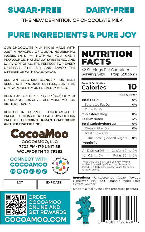 CocoaMoo Sugar-Free, Dairy-Free Original Chocolate Milk Mix, Organic Cacao Powder with Monk Fruit Extract, No Added Sugar, No Gums or Fillers, Easy to Blend Powder